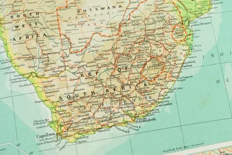 Close-up of vintage map section, featuring South Africa and neighboring cou.. 写真素材