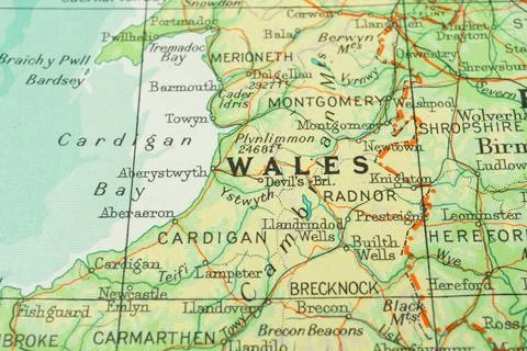 Close-up of a vintage map section of Wales, possibly from a world atlas or .. Stock Photos