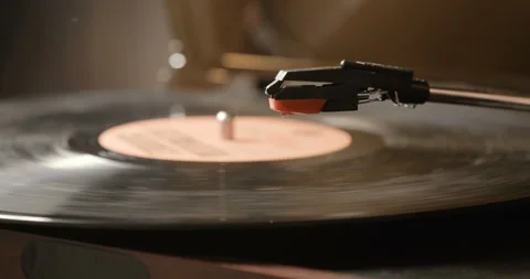 Close up of vinyl record on DJ turntable record player Stock Footage 85862391