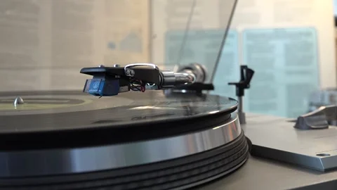 Close-Up of Vinyl Record Player Needle on Classic Turntable, with various ar Stock Footage 293091647