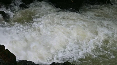 Close up of violent rapid river stream with white foam splash. Stock Footage 338378652
