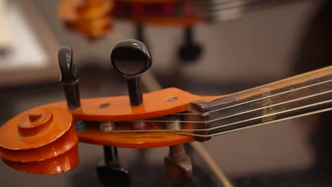 Close up of violin scroll and tuning pegs in workshop 動画素材 347813757