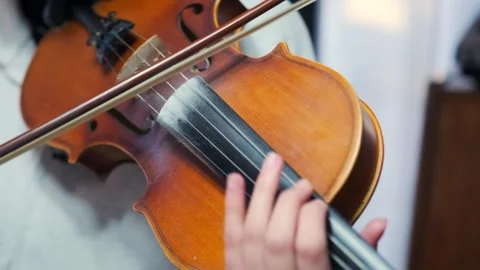 Close-up of violin strings and fingerboard during performance Stock Footage 314161424