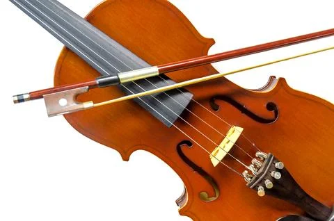 Close up of violin on white background for cut of, Top view of violin music.. Stock Photos