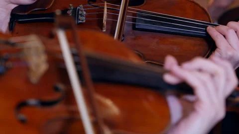 Close-up of violinist musicians playing violins in symphony orchestra Stock Footage