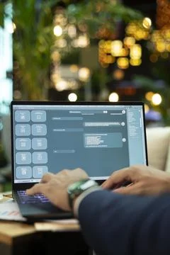 Close up of virtual assistant web on laptop used by business professional Stockfoto's