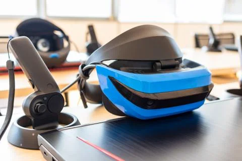 Close up of virtual reality (VR) gear set - headset, controller and computer. Ga Stock Photos