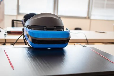Close up of virtual reality (VR) gear set - headset, controller and computer. Ga Stock Photos