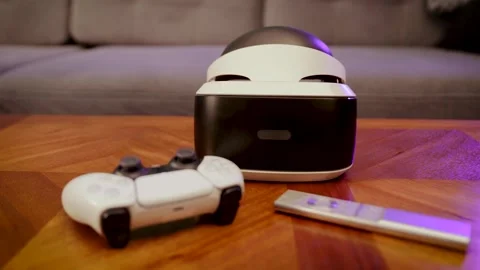 Close-up of a virtual reality VR headset on a table in a modern house Stock Footage 263980715