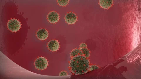 Close-up of virus in lungs body  under microscope., SARS-CoV-2 COVID-19 pandemic Stock Footage 158632588