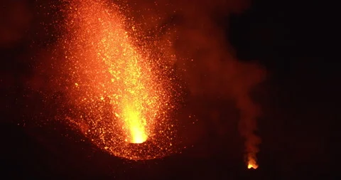 Close Volcano eruption the night before its 2019 big  eruption Stock Footage 160361587