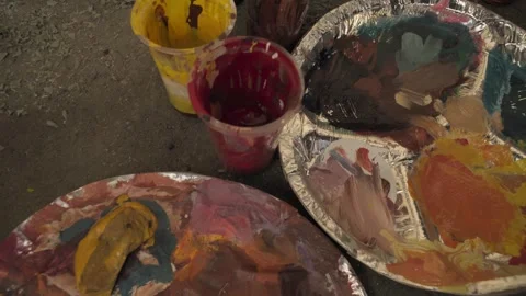Close-up of a wall paint color palette box featuring multiple shade samples for Stock Footage 337476442