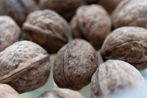 Close up of walnuts on a kitchen table in a container Stock-Fotos