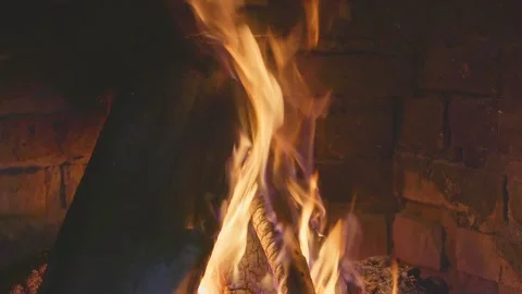 Close-up of Warm and Intense Fireplace Flames Stock Footage 322014857