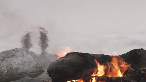 Close Up On Warm Fire With Couple Walking Beach Stock-Footage 241428770