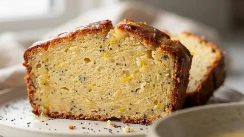 Close-up of a warm, thick slice of homemade bread with a crispy crust and soft Foto stock