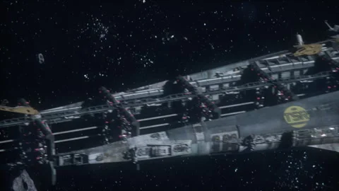 Close-Up of Warship Hull With Battle Damage in Orbit Video stock 309320516