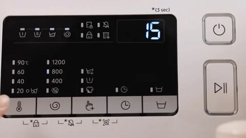 Close-Up of Washing Machine Control Panel with Power Button Stock Footage 314303214