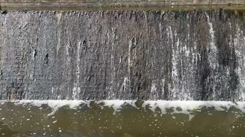 Close-up of water cascading down the concrete surface of the Ems river weir.. Stock Footage 340071547
