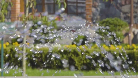 Close-up on water dripping out of stone fountain in beautiful spring flower g Stock Footage 80597252