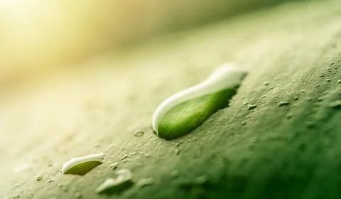 Close-up water drop rolls down green leaf Stock Photos