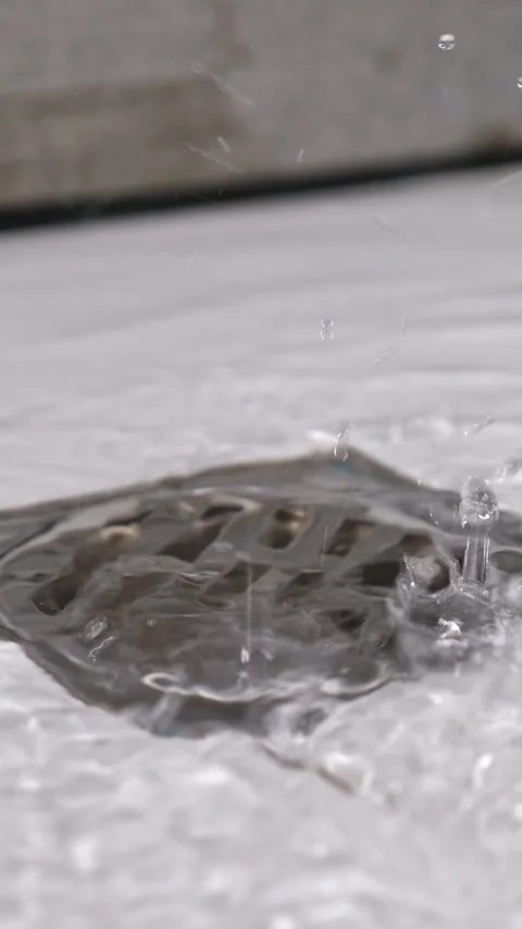 Close up of water dropping and flowing down a square metal drain in a white 库存影片 342913284