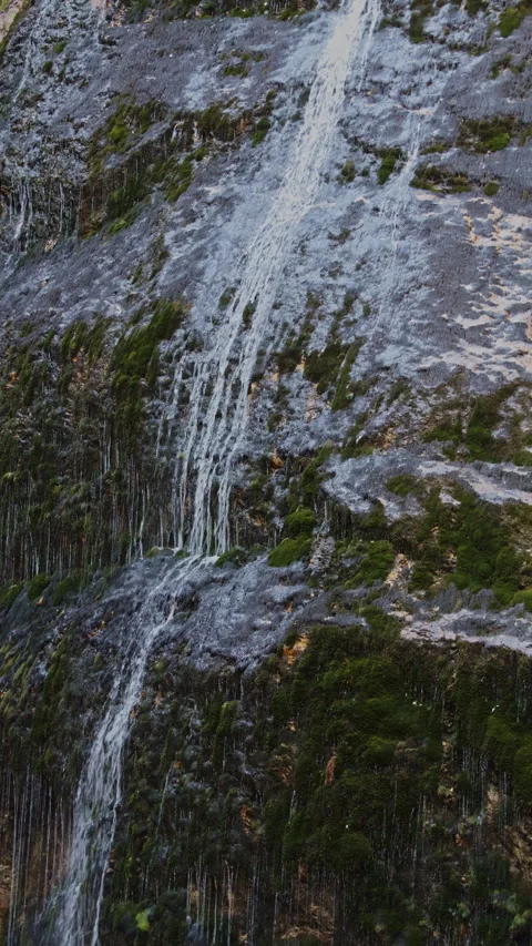 Close up of water flowing down wet mossy stone wall in Wasserlochklamm gorg.. Stock Footage 341099306