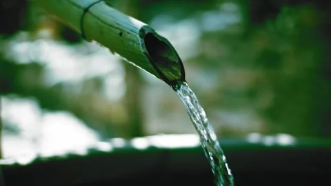 Close-up of water flowing through bamboo tubes, mountain spring water flowin Stock Footage 294046884