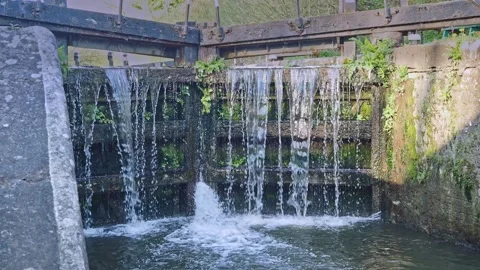 Close up of water overflowing lock gates on Grand Union Canal at Springwell Lock 스톡 동영상 239571272