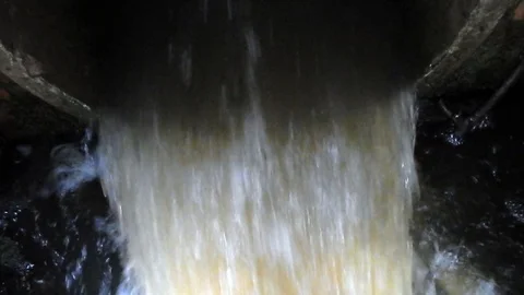 Close up on water storm drain pouring out into woodland river stream Vídeo Stock 109858009