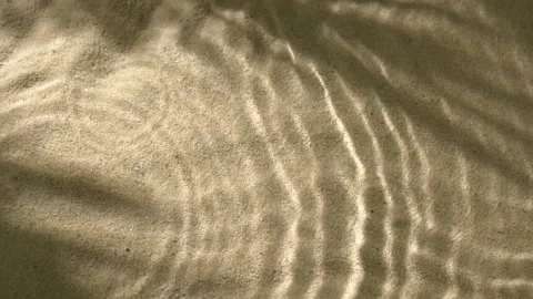 Close-up water surface ripples and splash, palm tree leaf shadow on sand texture Stock Footage 249792534