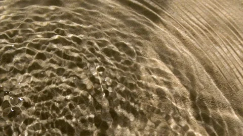 Close-up water surface ripples and splash, palm tree leaf shadow on sand texture Stockbeeldmateriaal 253371986