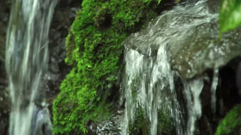 Close up waterfall flow through rough rock with moss Stock Footage 198800191