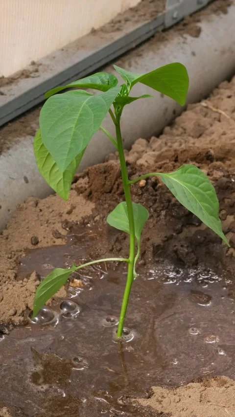 Close-up of watering bell pepper seedlings in the ground in a greenhouse Stock Footage 308656458