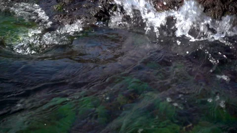 Close-up a wave with foam and splashes breaks on the stones in slow motion Stock Footage 98399023