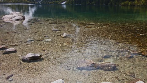 Close up of waves gently flowing the sandy and stony rocks beach on the lakeside Stock Footage 119760605