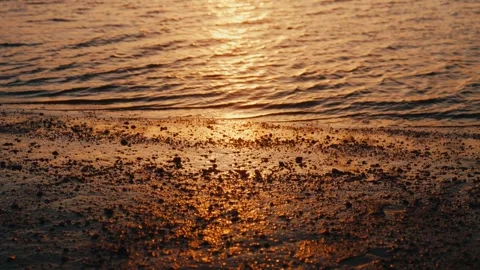 Close-Up of Waves Meeting Sand at Sunset - Centerport Beach NY Stock Footage 308337406