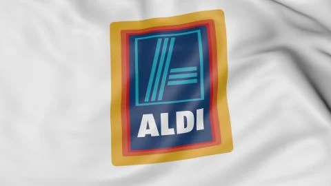 Close up of waving flag with Aldi logo, 3D rendering Stock-Illustration