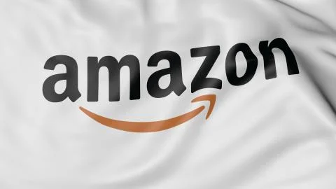 Close up of waving flag with Amazon.com logo. Editorial CGI Stock Illustration