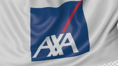 Close up of waving flag with AXA logo, seamless loop, blue background. Editorial Stock Footage