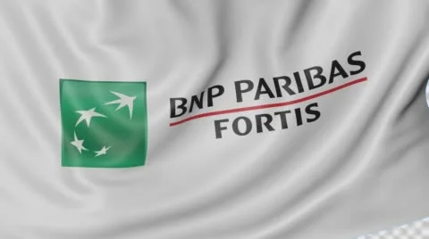 Close up of waving flag with BNP Paribas logo, seamless loop, blue background Stock Footage