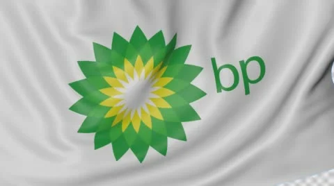 Close up of waving flag with BP logo, seamless loop, blue background. Editorial Stock Footage