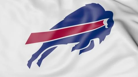 Close-up of waving flag with Buffalo Bills NFL American football team logo, 3D Stock Illustration