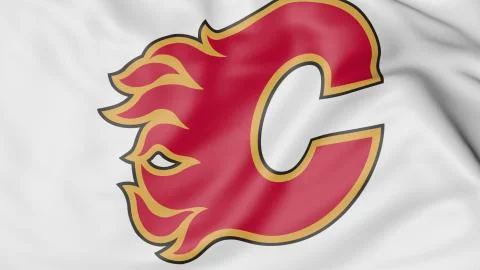 Close-up of waving flag with Calgary Flames NHL hockey team logo, 3D rendering イラスト素材