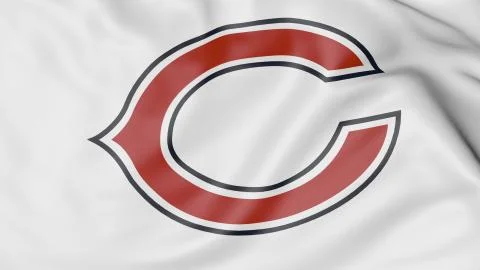 Close-up of waving flag with Chicago Bears NFL American football team logo, 3D Stock Illustration