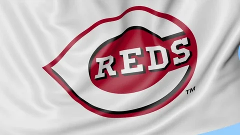 Close-up of waving flag with Cincinnati Reds MLB baseball team logo, seamless Stock Footage 72213313