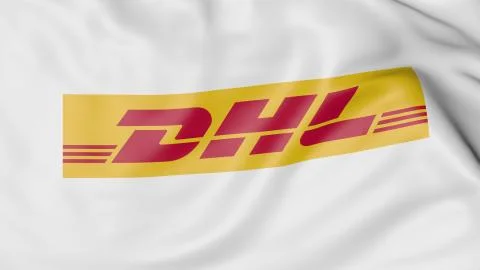 Close-up of waving flag with DHL Express logo, editorial 3D rendering 스톡 일러스트