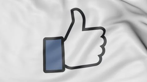 Close up of waving flag with Facebook like button thumb up, 3D rendering Stock Illustration