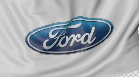 Close up of waving flag with Ford Motor Company logo, seamless loop, blue Stock Footage