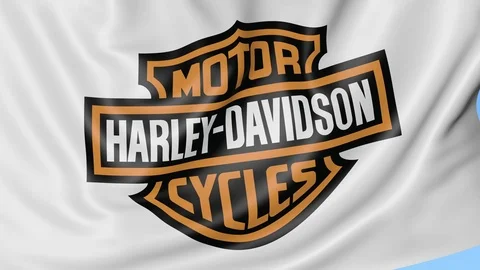 Close-up of waving flag with Harley-Davidson, Inc. logo, seamless loop, blue Video stock 72255336